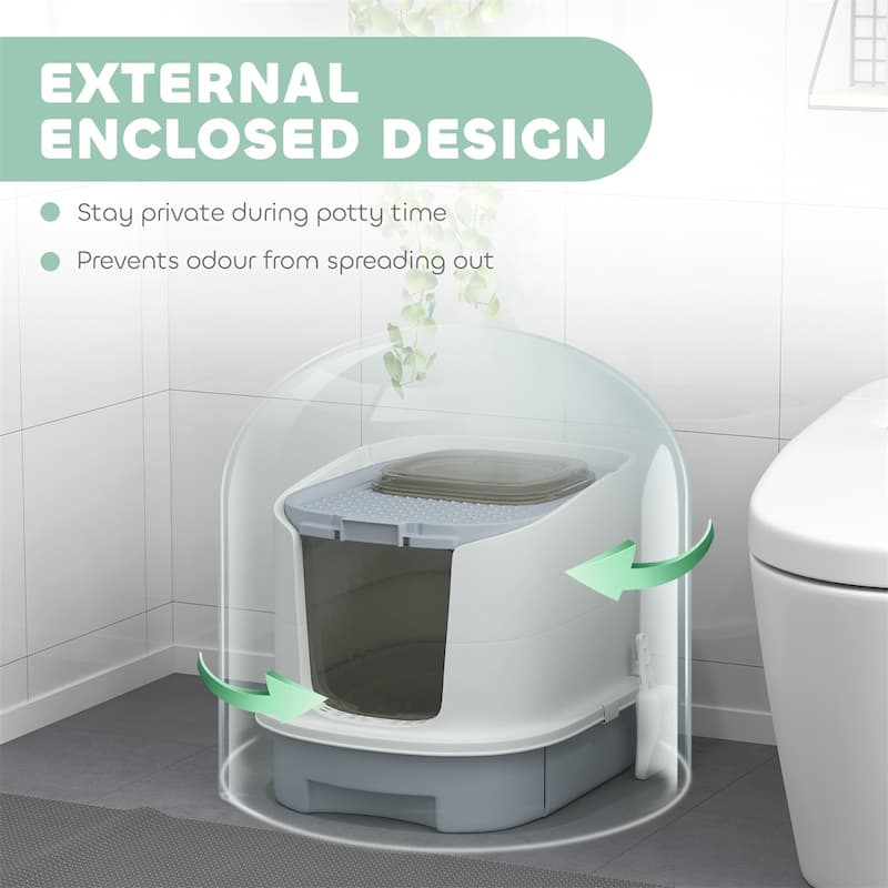 Covered Cat Litter Box with Removable Drawer and Odor Control Bags Top Exit Design for Cats