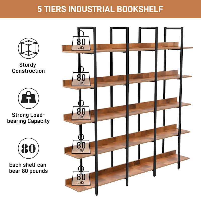 Roomfitters 5-Tier Office Bookcase, Industrial Bookshelf with Open Display Design, MDF Shelves and Metal Frame