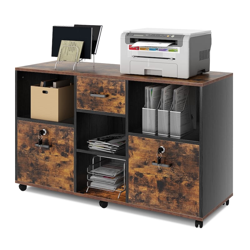 3-Drawer Wood File Cabinet with Lock - Brown