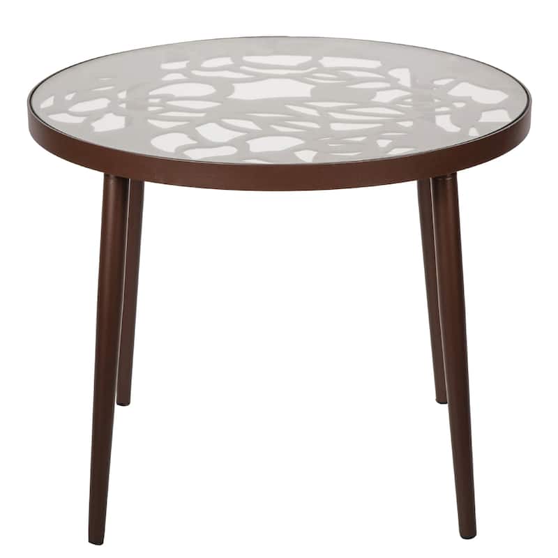 Devon Decorative Modern Floral Cutout Glass Top Patio Coffee Side Table with Aluminum Frame for Indoor Outdoor - 23 x 23 - Brown