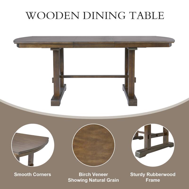 Roomfitters 60 to 78" Extendable Dining Table, Farmhouse Wooden Kitchen Table with Removable Leaf, Table for 4 to 8