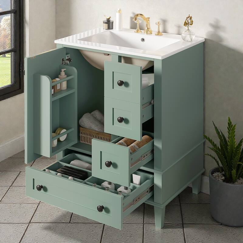 24" Bathroom Vanity with Integrated Ceramic Sink, Soft-Close Drawers and Door, Cabinet with Door Storage Rack