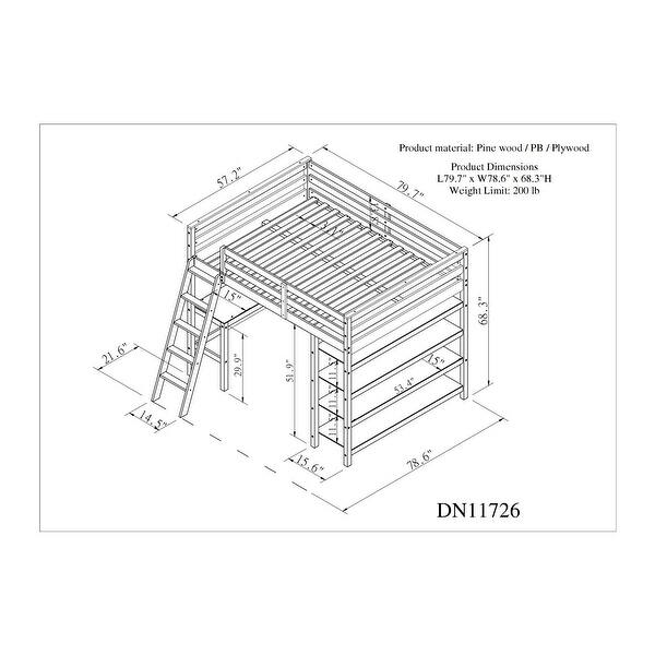 White Full Size Pine Wood Loft Bed with Desk, Ladder, and Shelves, High Guard Rails
