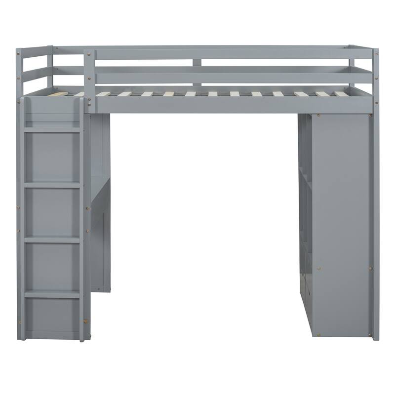Twin Size Loft Bed with large shelves, writing desk and LED Light - Gray