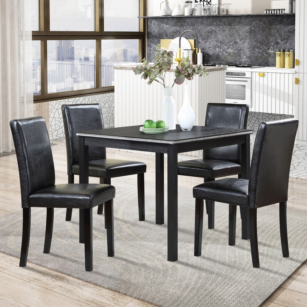 5-Piece, Modern Dining Table Set with Crystal Decorations and 4 Dining Chairs, for Kitchens and Dining Rooms, White