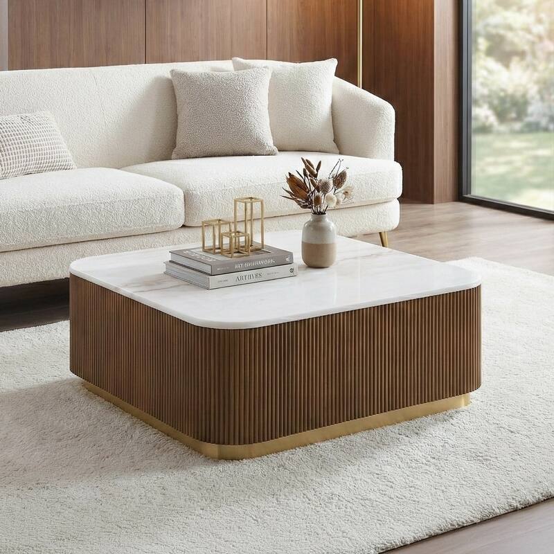 Modern Genuine Marble Top Coffee Table with Accent Gold Stainless Steel Base
