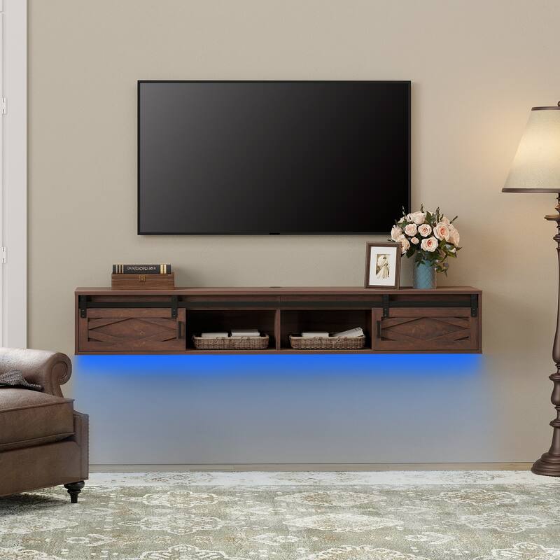 Sliding Barn Door Floating TV Stand with Charging Station - Brown