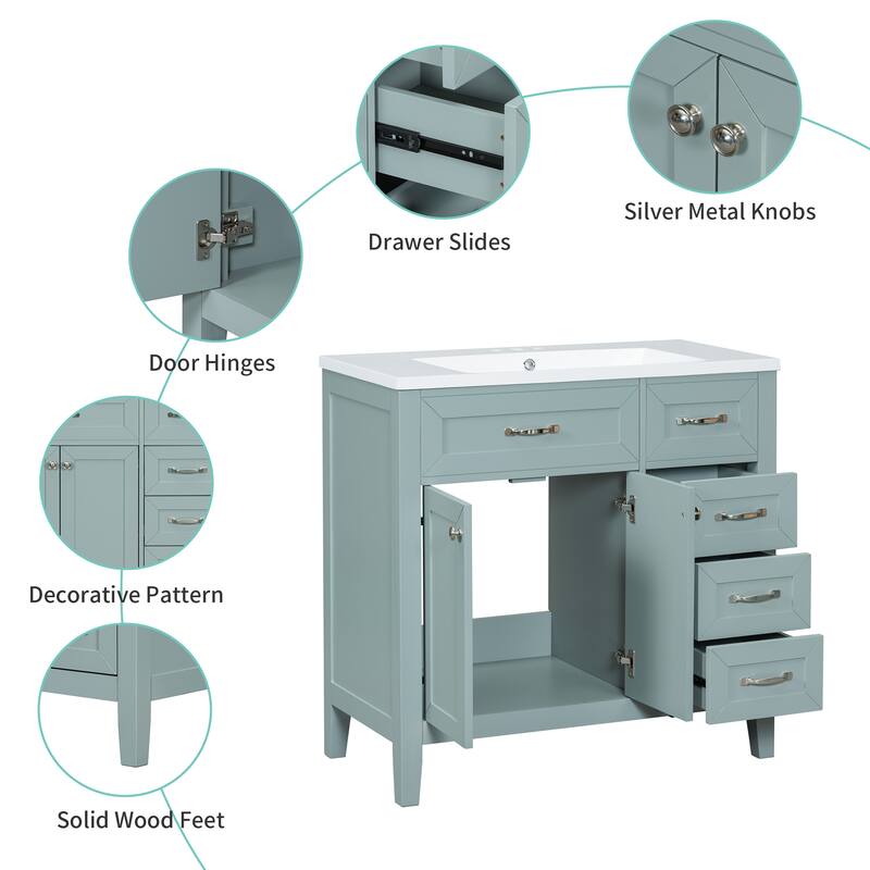 36" Bathroom Vanity with Sink Combo, Green Bathroom Cabinet with Drawers, Solid Frame and MDF Board