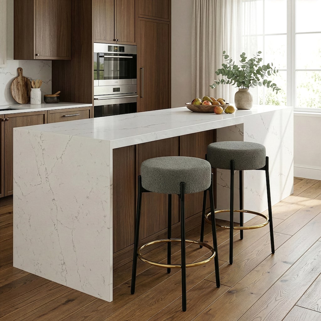 Set of 2 Avner Gray Boucle Backless Counter Stool with Black Metal Legs