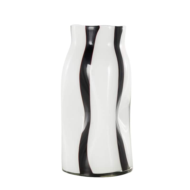 Glass Concaved Round Vase with Black Stripes - White - Roche River Decor