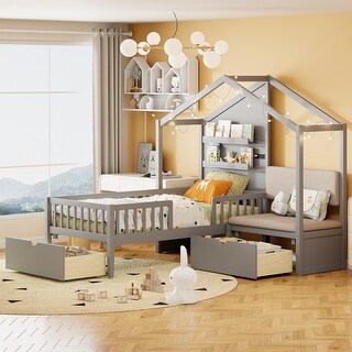 Twin Size House Bed with Upholstered Sofa, Shelves & Two Drawers