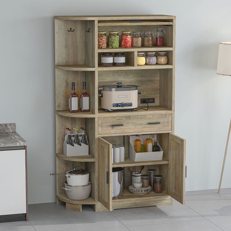 67" Kitchen Pantry Cabinets with Microwave Stand & Charging Station