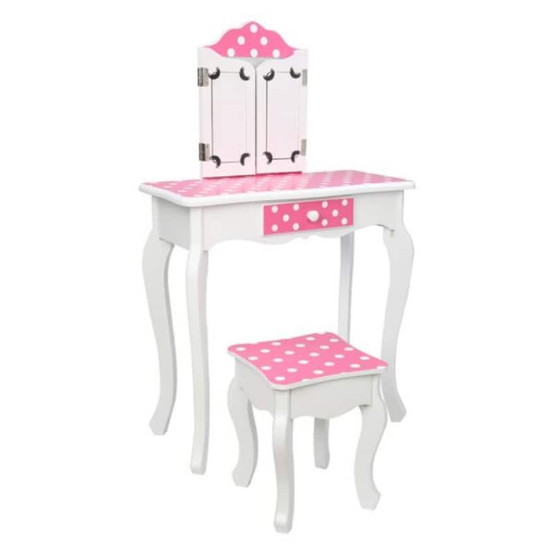 Three-Fold Mirror Single-Drawing Curved Foot Children Dressing Table Red Dots - 23.63 x 11.03 x 38.59