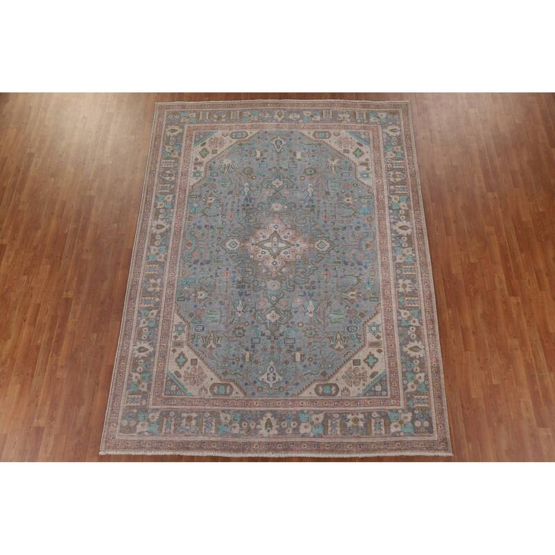 Geometric Blue Tabriz Persian Antique Area Rug Handmade Wool Carpet - 8'0" x 10'10"