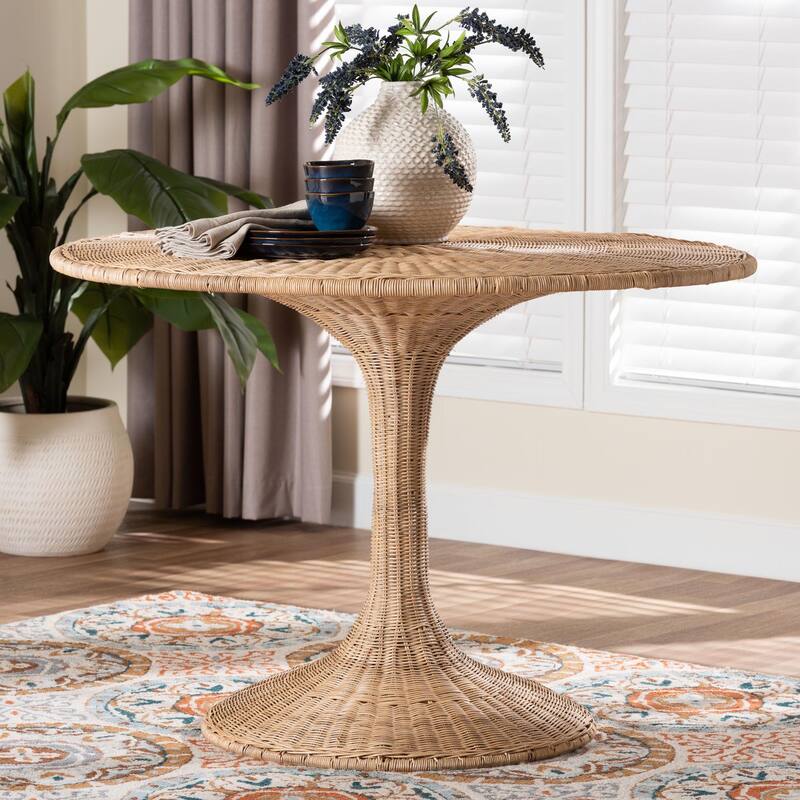 Natala Rattan Dining Table - Handwoven Wicker Tulip Table, Pedestal Frame Centerpiece for Dining Room or Kitchen - Light Honey
