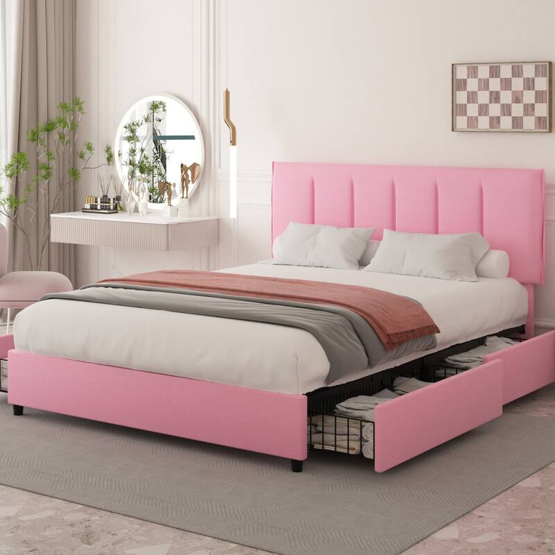 Pink Bed Frame with 4 Storage Drawers, Upholstered Platform Bed Frame with Adjustable Headboard