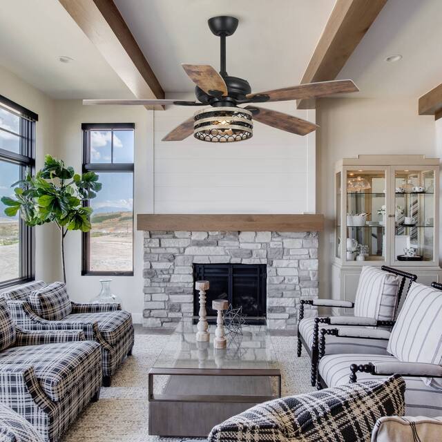 52" Farmhouse Wood 5-Blade LED Ceiling Fan with Light Kit