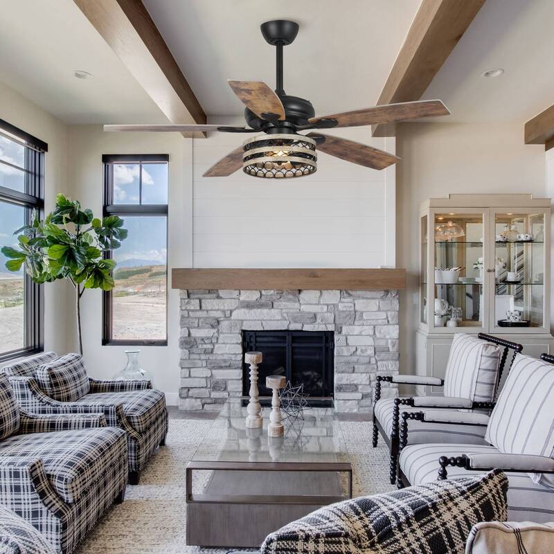 52" Farmhouse Wood 5-Blade LED Ceiling Fan with Light Kit