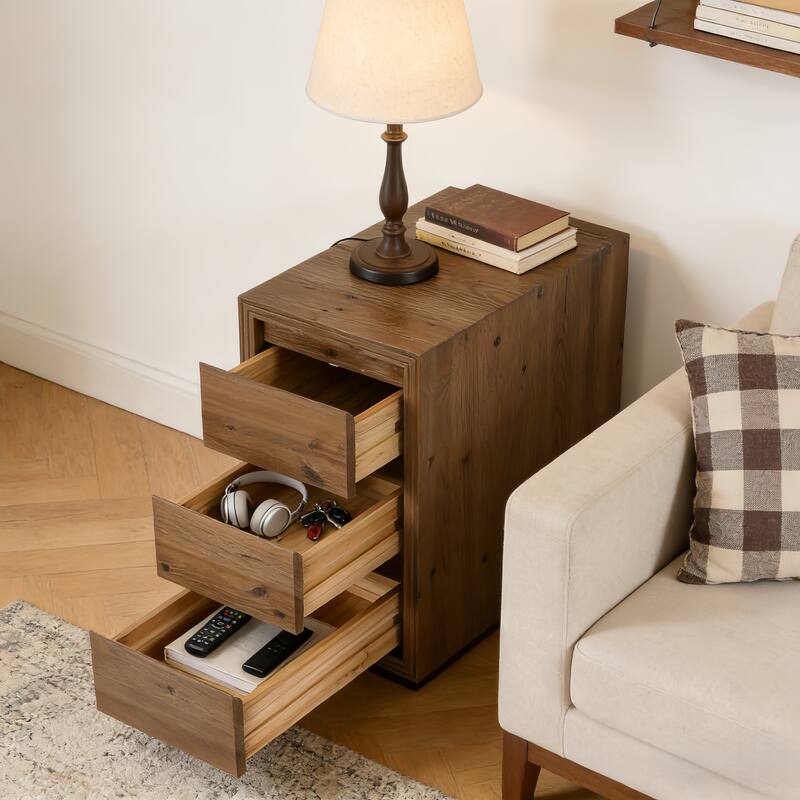 Solid Wood End Table with 3 Drawers, 23.62" H, No Assembly