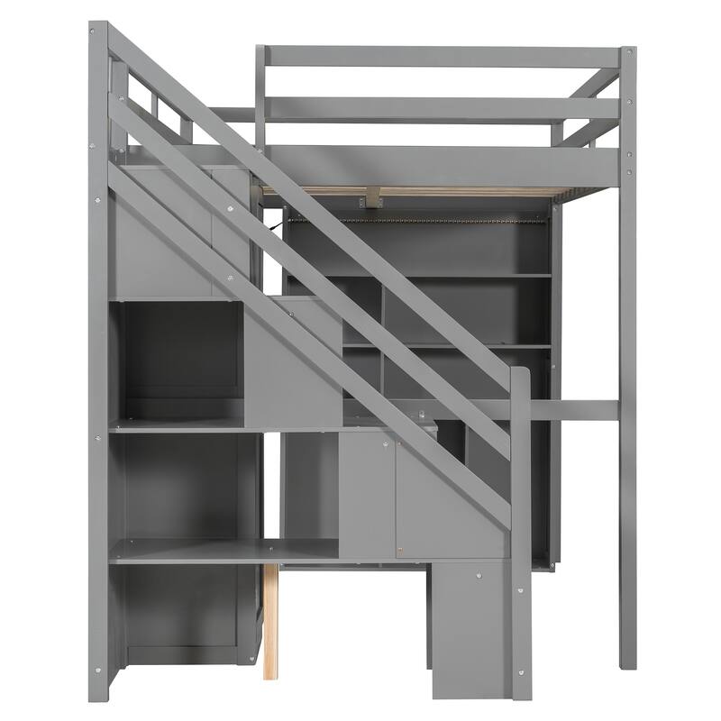 Full Loft Bed with Built-In Wardrobe & Study Desk - Space-Saving Frame with LED Lights & Shelves