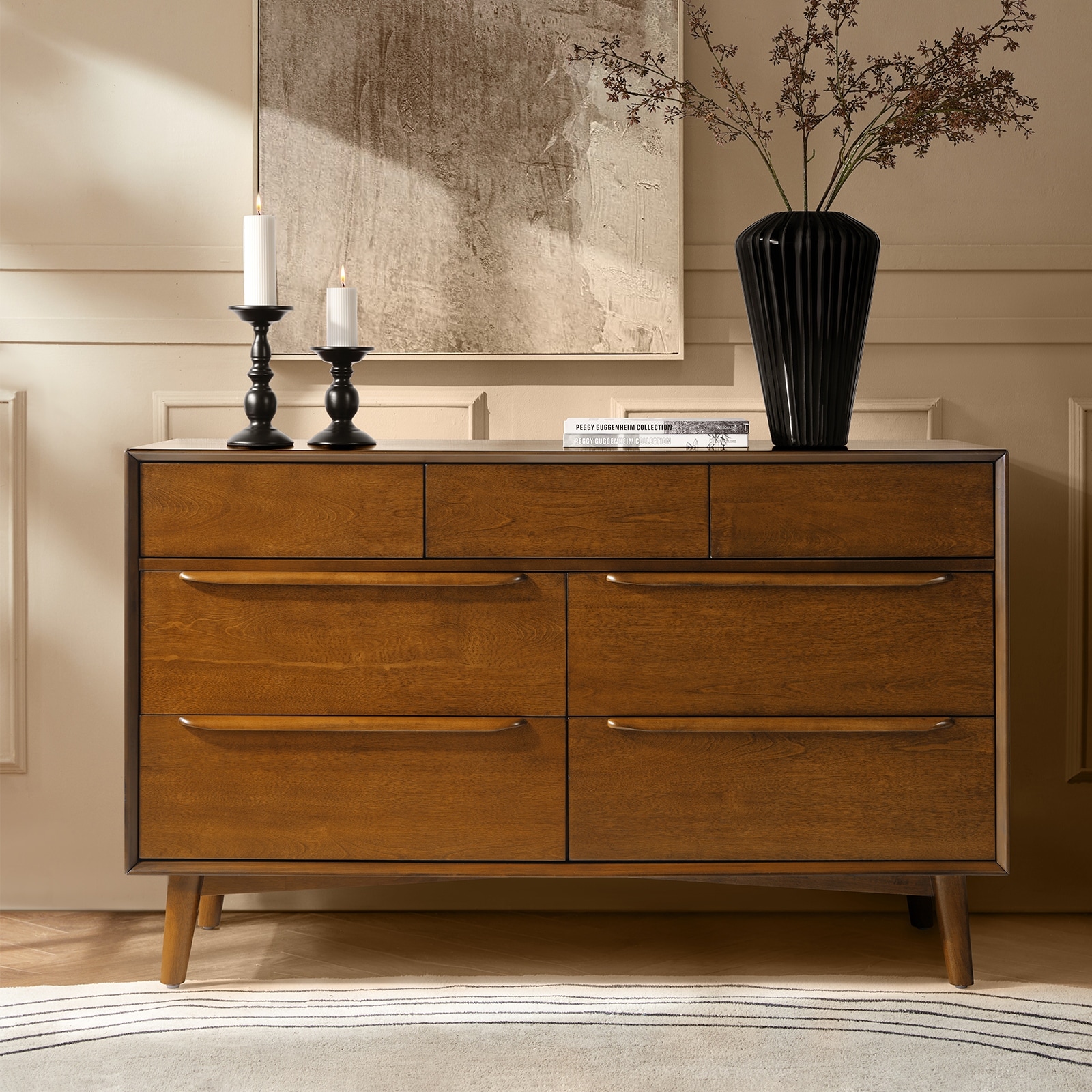 HULALA HOME Medea Mid-century Modern 7-Drawer Dresser with Solid Wood Legs and Built-in Drawer Dividers
