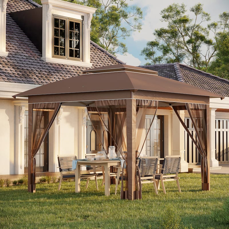12 Foot Pop-Up Party Gazebo Khaki Steel Frame Oxford Canopy Mesh Sidewalls Adjustable Legs - 11.7' L x 11.7' W x 9.7' H - Brown