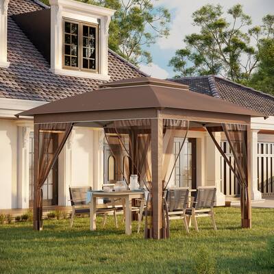 12 Foot Pop-Up Party Gazebo Khaki Steel Frame Oxford Canopy Mesh Sidewalls Adjustable Legs - 11.7' L x 11.7' W x 9.7' H