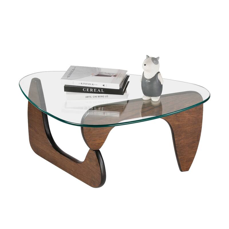 Modern Triangle Clear Glass Coffee Table with Wood Base