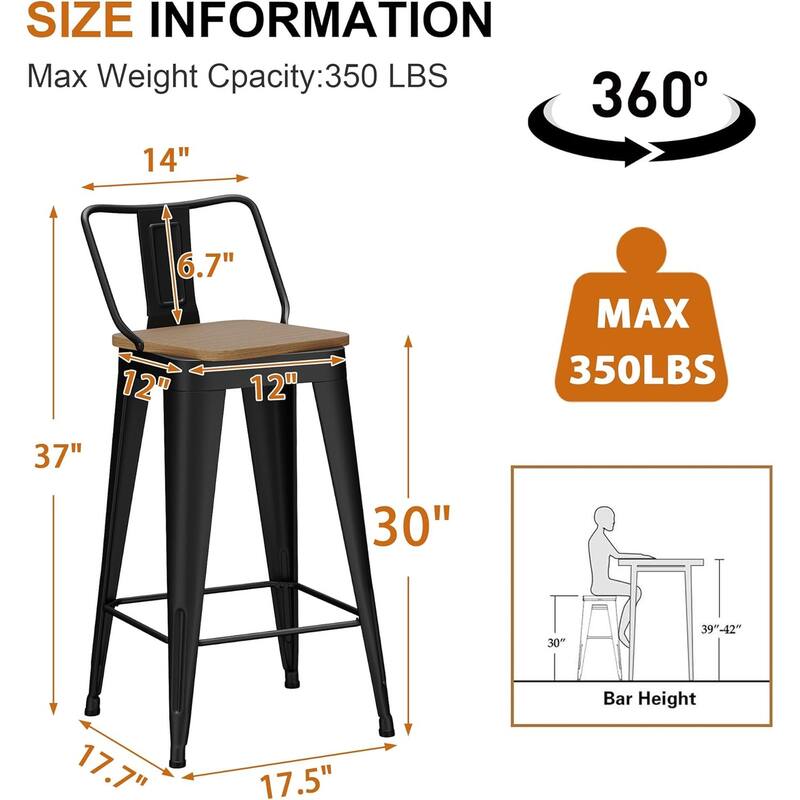 Swivel Counter & Bar Stools with Metal Frame Farmhouse 26" and 30" Seat Height Kitchen Barstools with Low Back and Wooden Seat