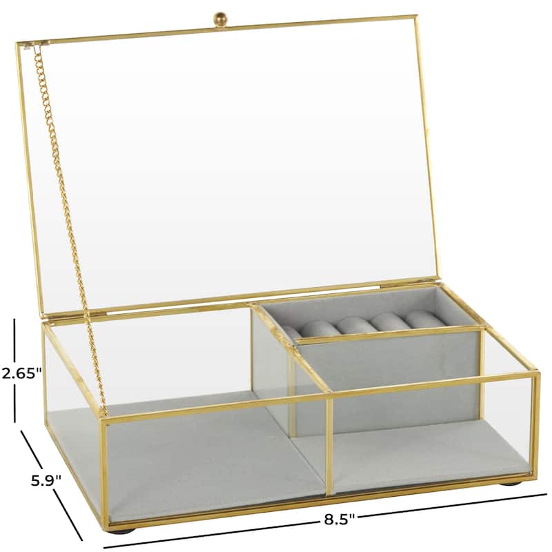 Glass Decorative Jewelry Box with Gold Metal Frame and Gray Fabric Interior with Ring Slots - Clear - Roche River Decor