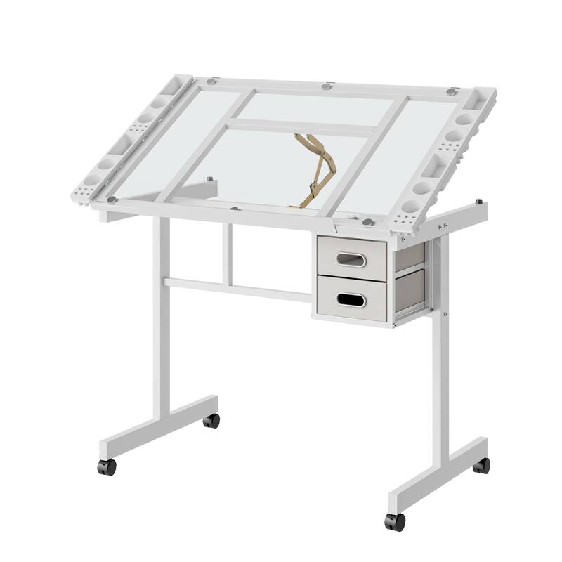 Adjustable Art Drawing Desk Craft Station Drafting with 2 fabric Drawers and 4 Wheels (white)