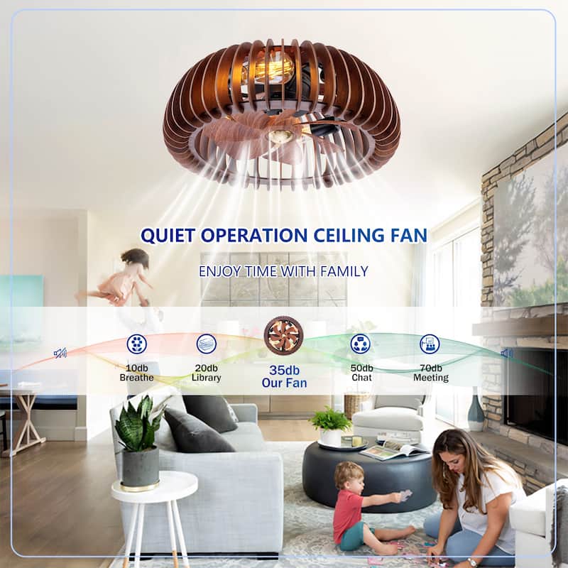 19.7" Farmhouse Flush Mount Ceiling Fans with Lights and Remote Control, Rustic Low Profile Wood Ceiling Fan