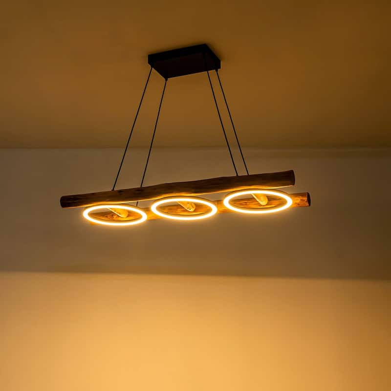 Rustic Wooden Dimmable Integrated LED Linear Pendant Light Adjustable Kitchen Island Lights - W 43.3"