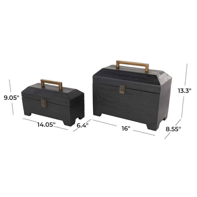 Black Wood Handmade Decorative Box with Brass Latches and Handle (Set of 2)