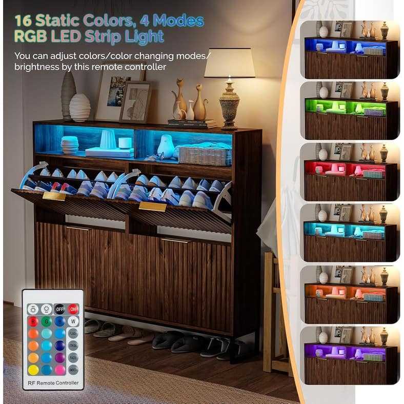 47.2 Inch Wide Slatted 4 Flip Drawers 1 Compartment Storage LED Light Shoe Cabinet
