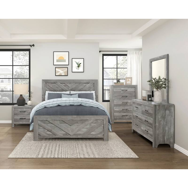 Queen Size Panel Bed with Gray Finish, Modern Rustic Design, Wooden Bedroom Furniture