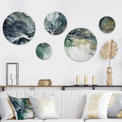 Designart "Green Blue Marbled Dreamscape II" Modern Geometric Metal Wall Art Decor Set Of 5