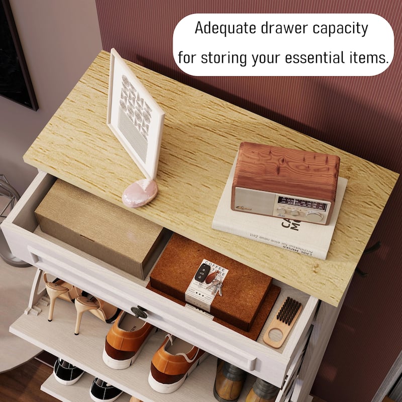Anmytek Antique White Narrow Shoe Organizer Cabinet - 1 Drawer and 3 Flip Drawers