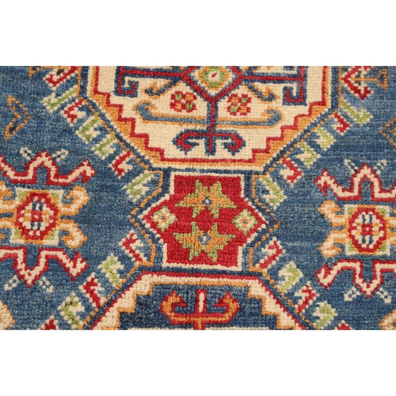 Blue Geometric Kazak Foyer Rug Handmade Bedroom Wool Carpet - 2'7" x 4'1"