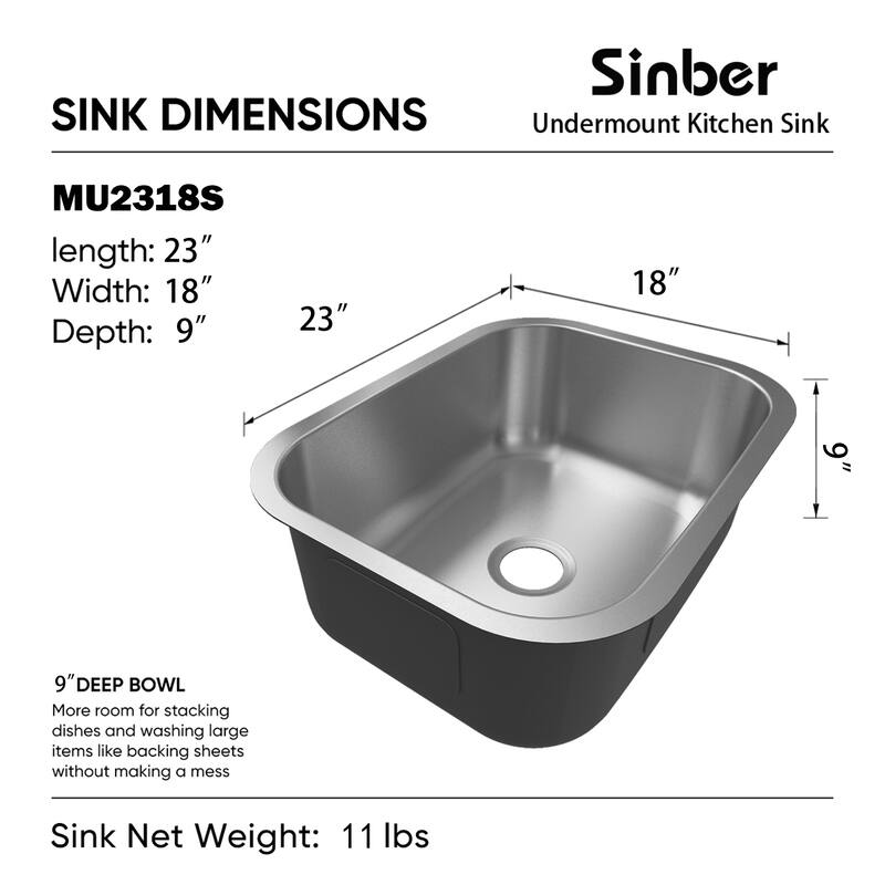 Sinber Undermount Single Bowl 304 Stainless Steel Kitchen Sink