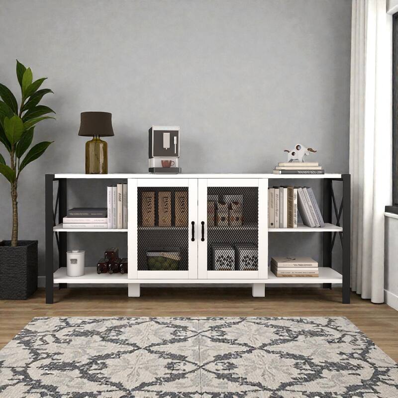 Industrial TV Stand for Living Room, Modern Farmhouse Wood & Metal Entertainment Center with Open Bookshelf
