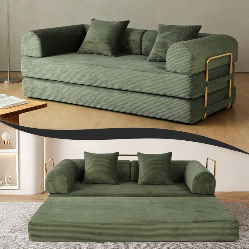 2-in-1 Convertible Floor Sofa Bed, Foldable Compressed Loveseat Lounge, Faux Fur Upholstered Cloud Boneless Couch with 2 Pillows