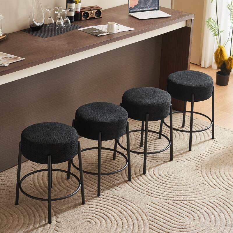Round Bar Stools Set of 2, Fabric Upholstered Bar Chairs with Footrest, Backless Kitchen Island Stools with Metal Base