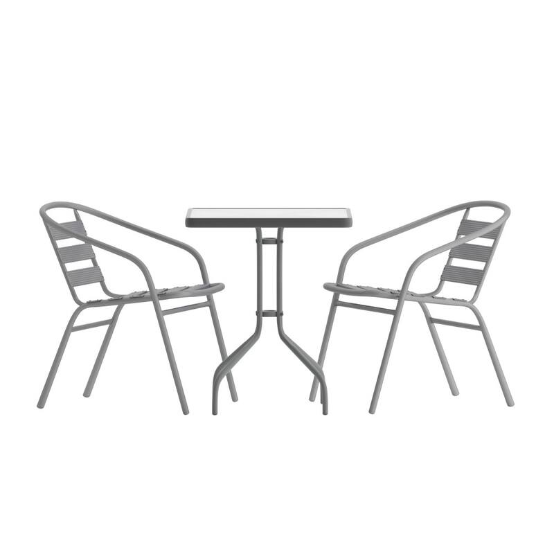 23.5" Square Glass Metal Table with 2 Metal Aluminum Slat Stack Chairs