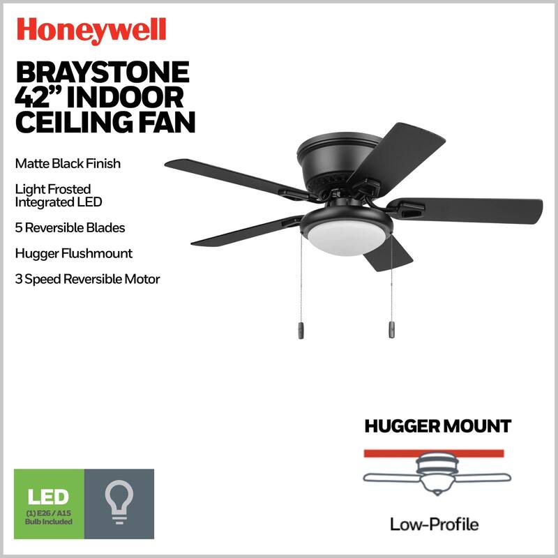 Honeywell 42" Braystone Indoor Matte Black Ceiling Fan with Light & Pull Chain - 42 Inches