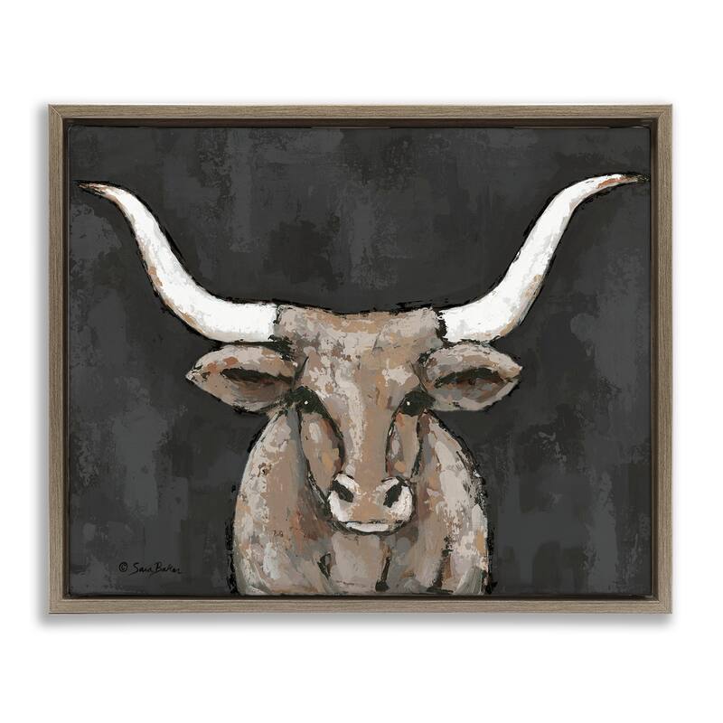 Stupell Longhorn on Murky Grey Framed Floater Canvas Wall Art Design By Sara Baker - 31 x 25 - Brown