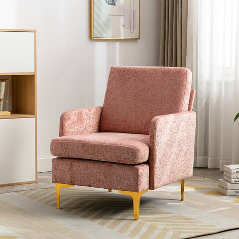 Thick Cushion Upholstered Armchair With Storage Space and Golden Legs