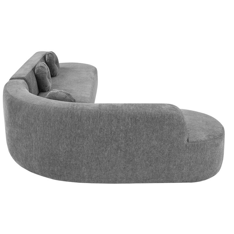 122'' Grey Polyester Sectional Sofa, Curved, 3 Round Cushions, High-Resilience Foam