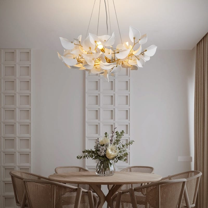 KAYLA 31.5" 6-Light Luxury Gold Round Chandelier, Modern Ceramic Leaf Branch