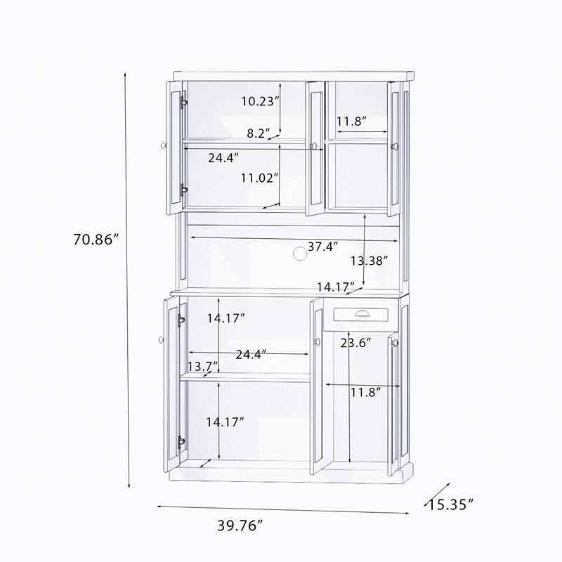 Kitchen Pantry with Microwave Oven Countertop, Hutch Cabinet with Adjustable Shelves, Storage Cabinet with 6 Doors and 1 Drawer